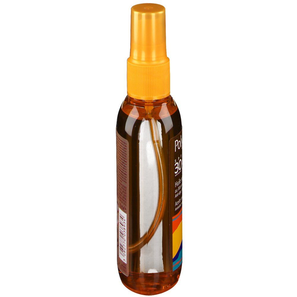 Flacon spray brun, vue latérale. Bouchon jaune. Étiquette avec texte. Bande colorée. Liquide transparent visible.