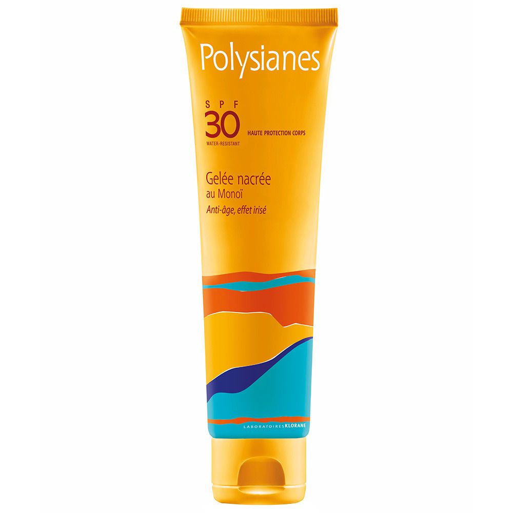 Gel-Tube, gelb mit blauen und orangen Akzenten. Aufschrift: Polysianes, SPF 30, Gelée nacrée au Monoï.