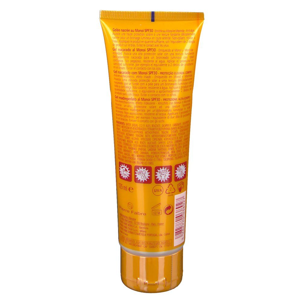 Rückseite der gelben Tube. Text in mehreren Sprachen. Logos und Informationen. Schraubverschluss unten.