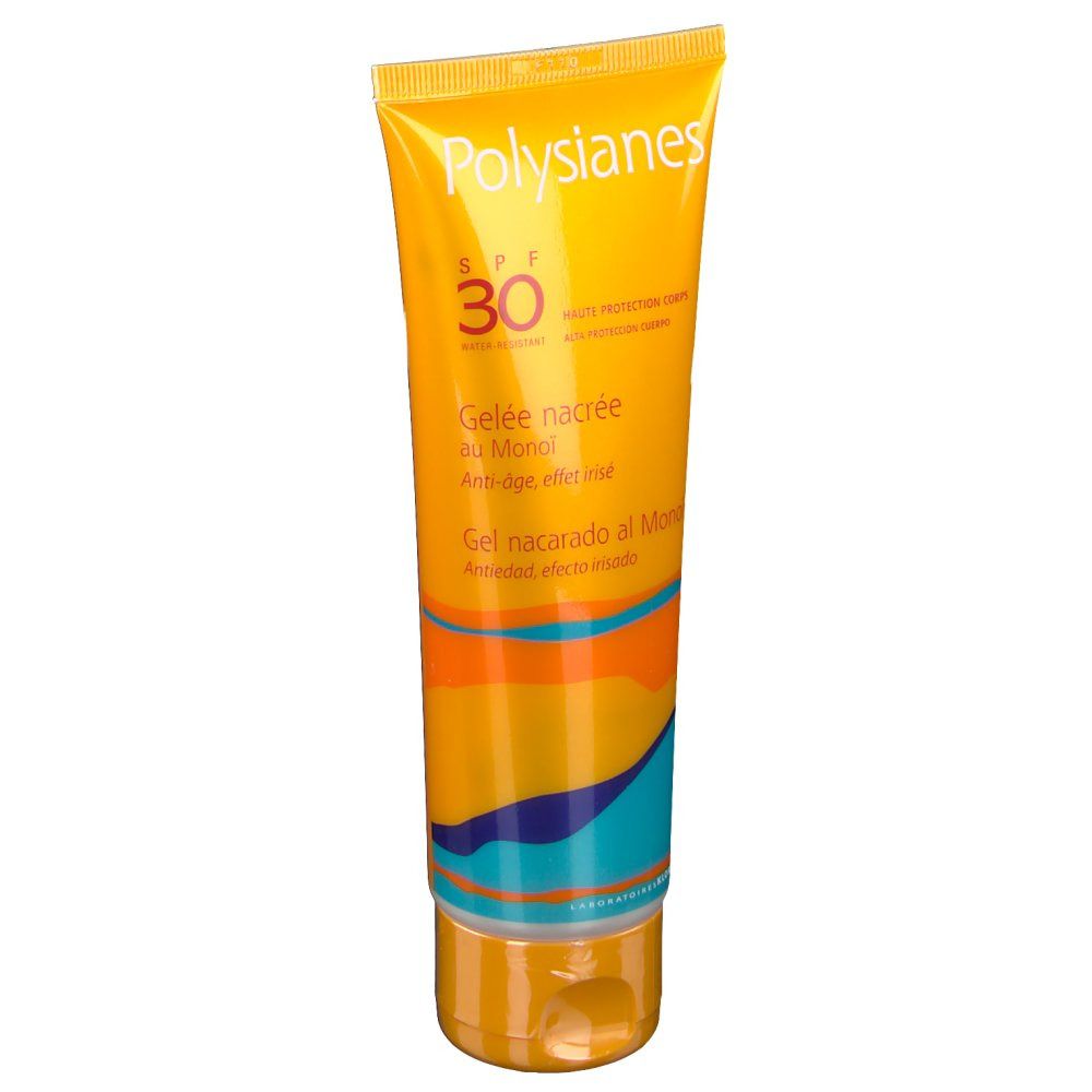 Gelbe Tube mit blauen und orangen Akzenten. Aufschrift: Polysianes, SPF 30, Gelée nacrée au Monoï.