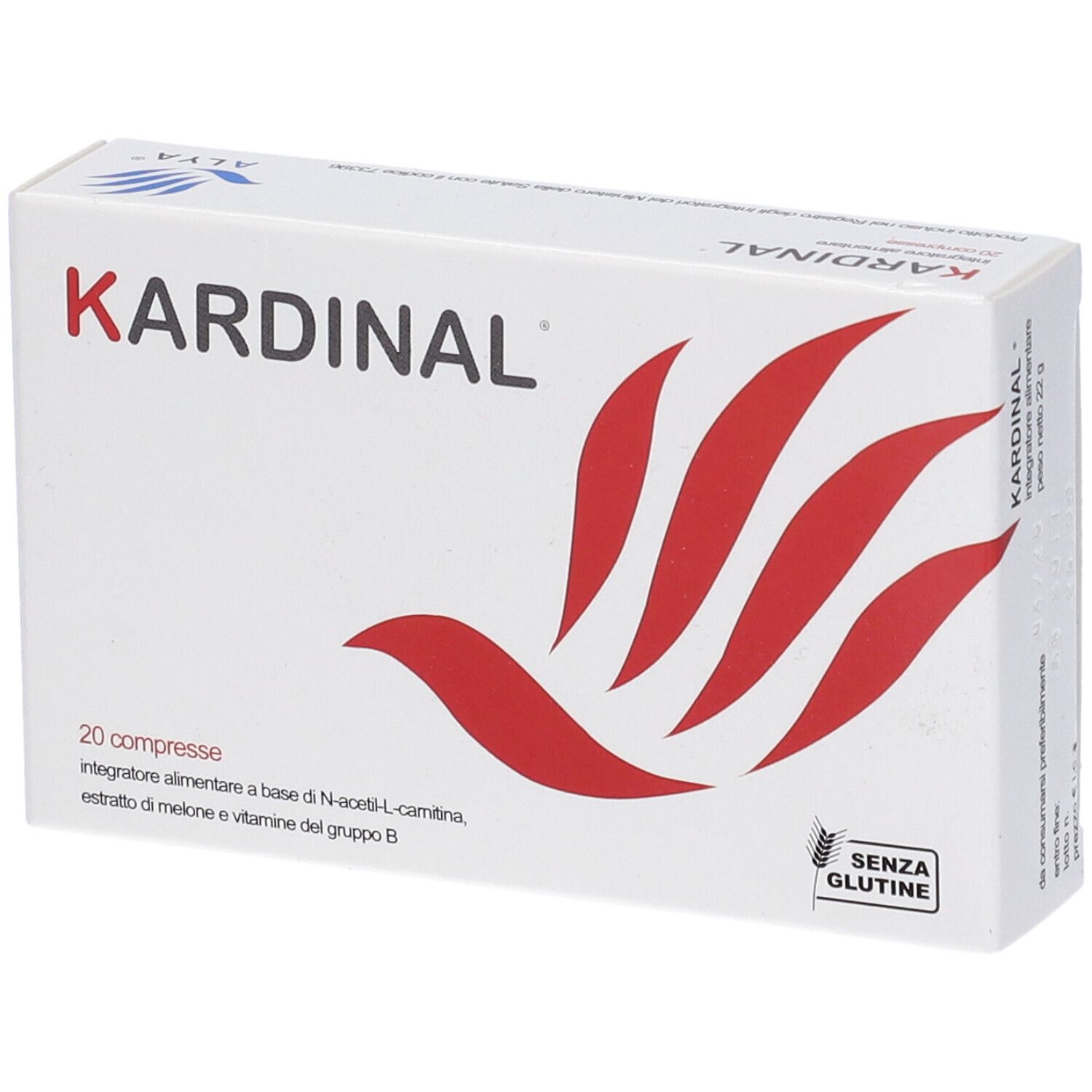 Boîte KARDINAL blanche avec motif rouge. 20 comprimés, sans gluten.