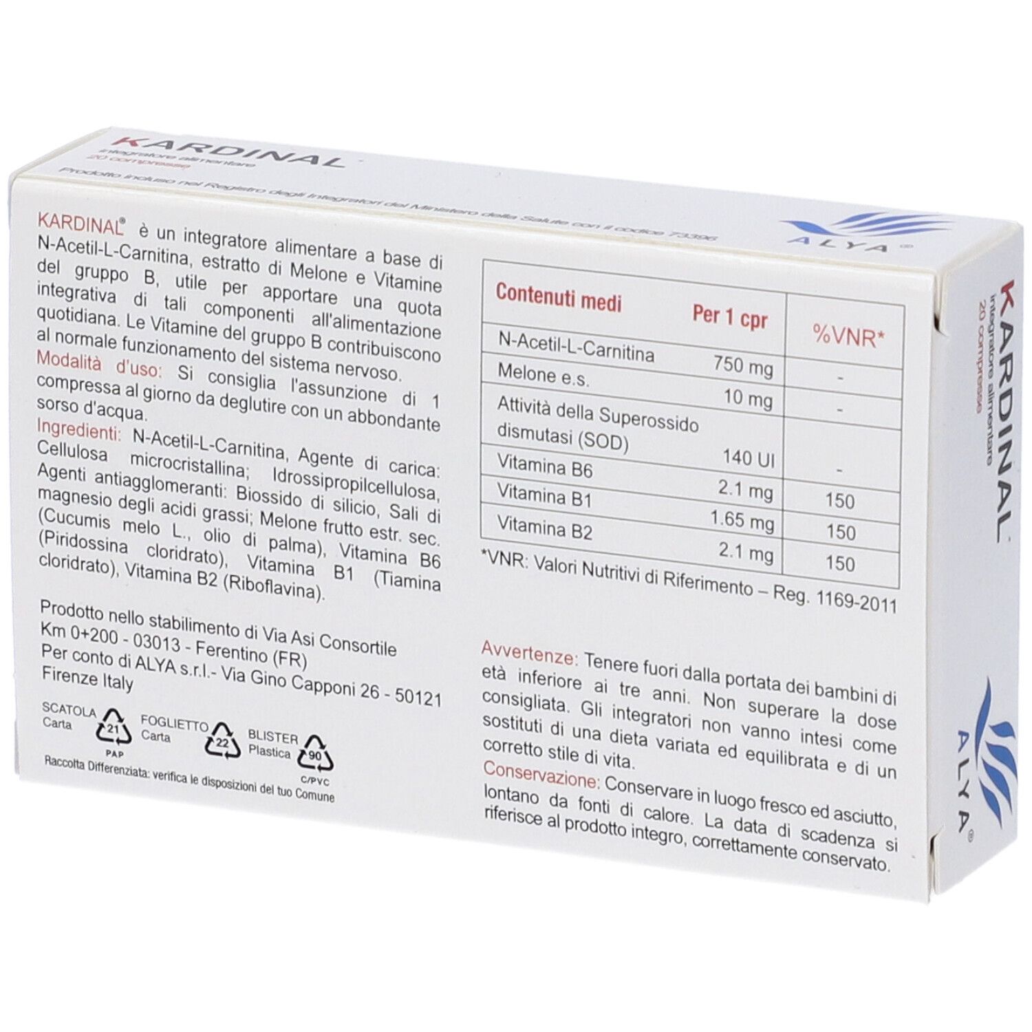 Boîte KARDINAL blanche avec texte et informations. Sans gluten.