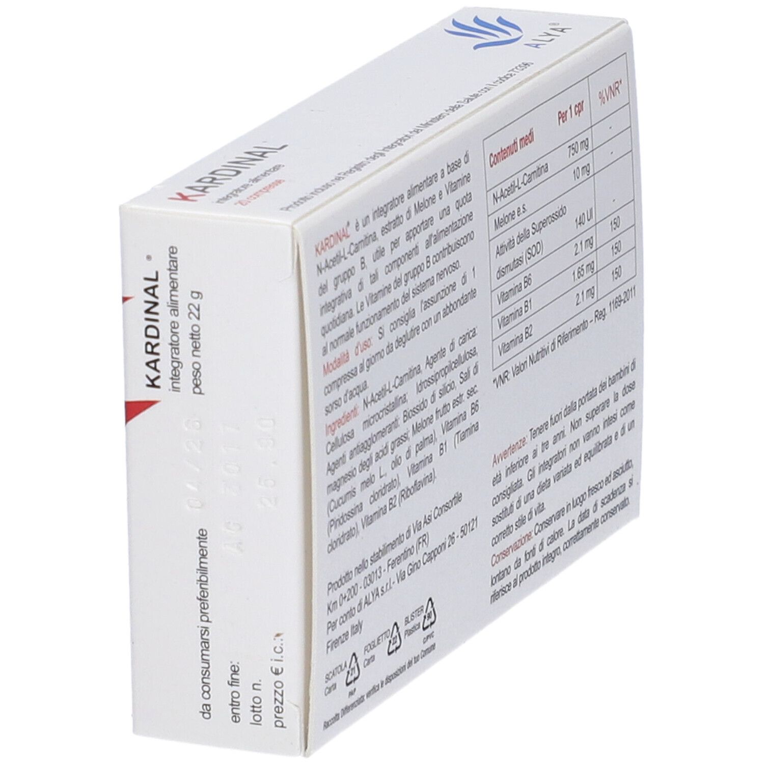 Boîte KARDINAL blanche avec texte et informations.
