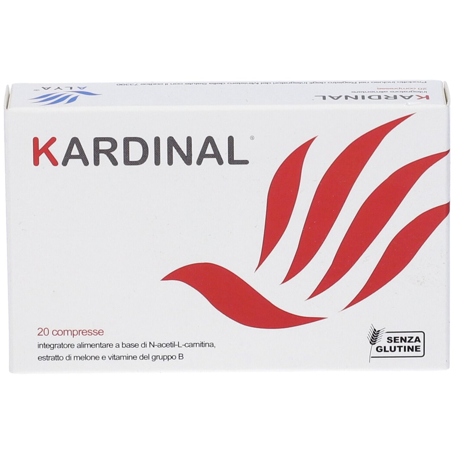 Boîte KARDINAL blanche avec motif rouge. 20 comprimés, sans gluten.