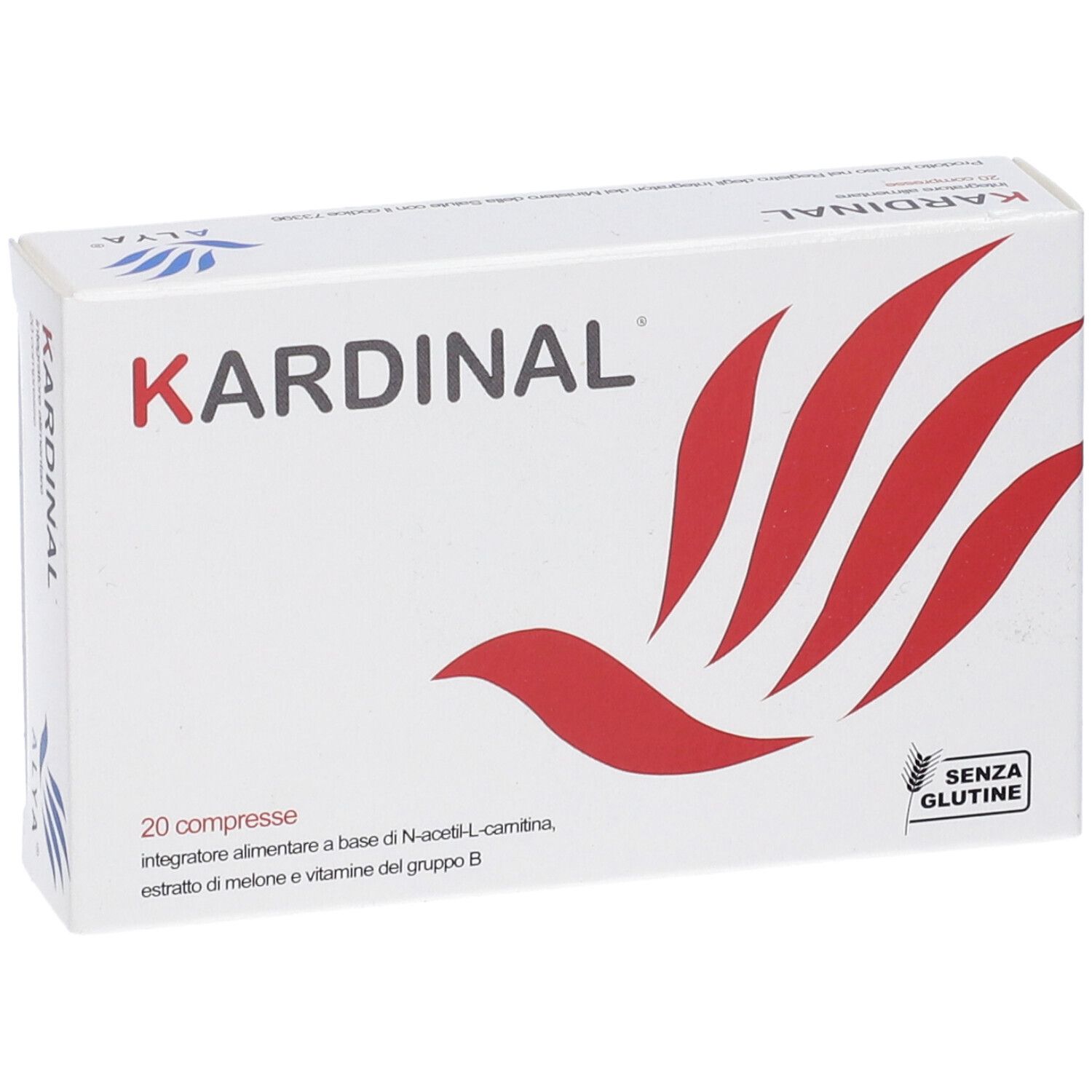 Boîte KARDINAL blanche avec motif rouge. 20 comprimés, sans gluten.