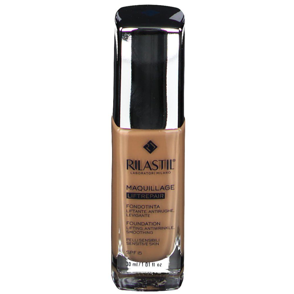 Fond de teint RILASTIL® Maquillage Liftrepair 40. Flacon avec liquide brun, bouchon argenté. Inscriptions et nom du produit visibles.