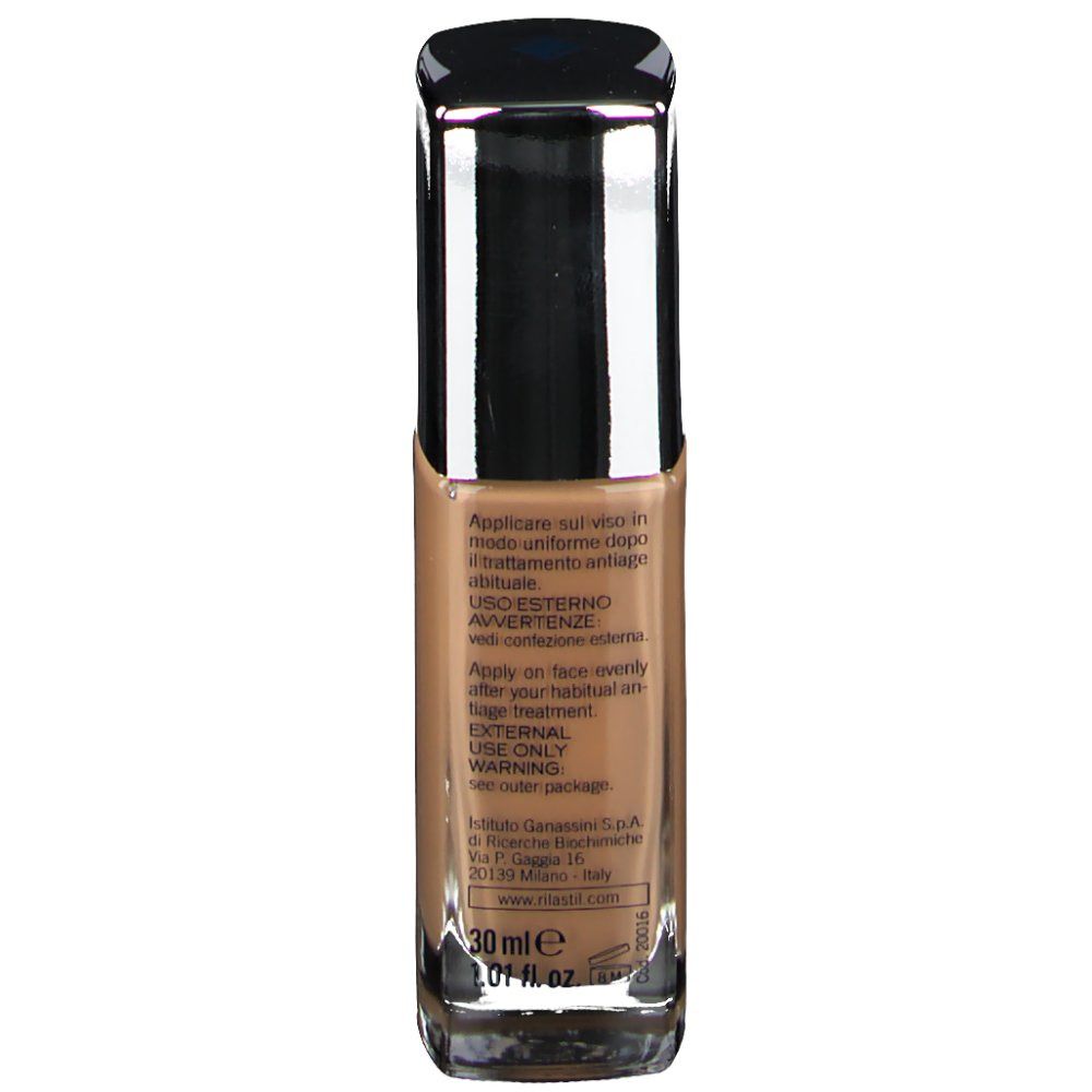 Dos du flacon de fond de teint RILASTIL® Maquillage Liftrepair 40. Texte multilingue, 30 ml.