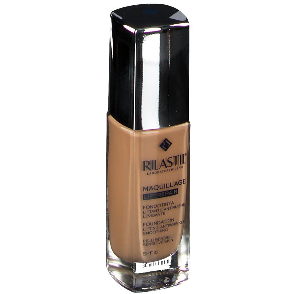 Fond de teint RILASTIL® Maquillage Liftrepair 40. Flacon avec liquide brun, bouchon argenté. Inscriptions et nom du produit visibles.