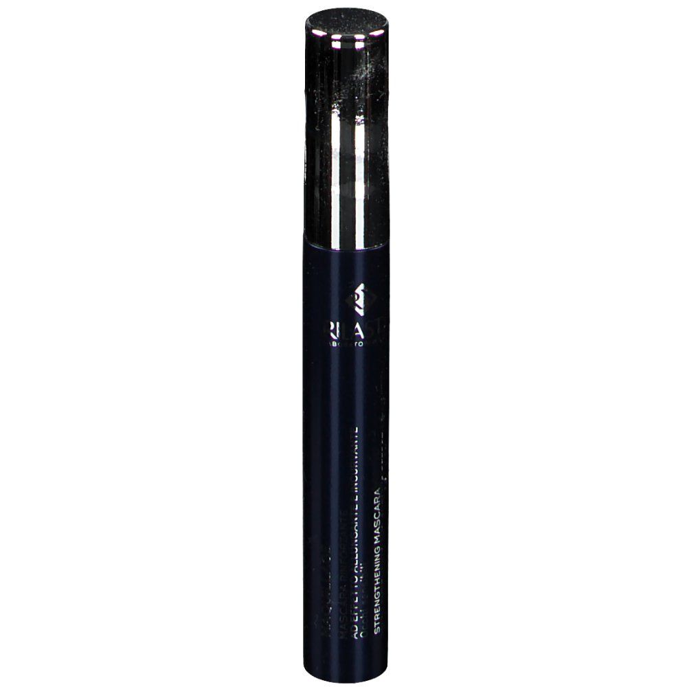 Mascara-Tube mit silberfarbenem Deckel. Aufschrift: Strengthening Mascara. Schwarze Tube mit weißen Schriftzügen.