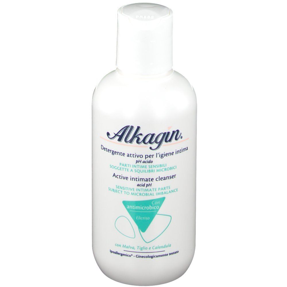 Flacon blanc avec bouchon rabattable. Inscription Alkagin, Active Intimate Cleanser, pH acide. Formule antimicrobienne.