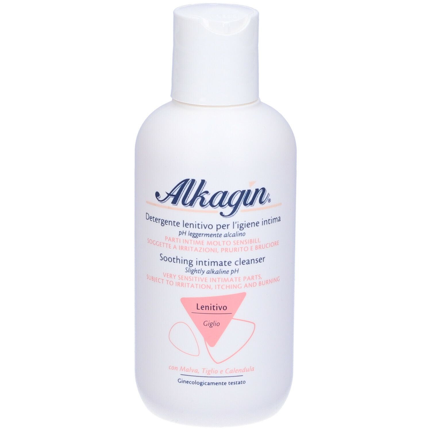Flacon blanc Alkagin. Inscriptions en italien et anglais. Nettoyant intime apaisant pour zones sensibles.