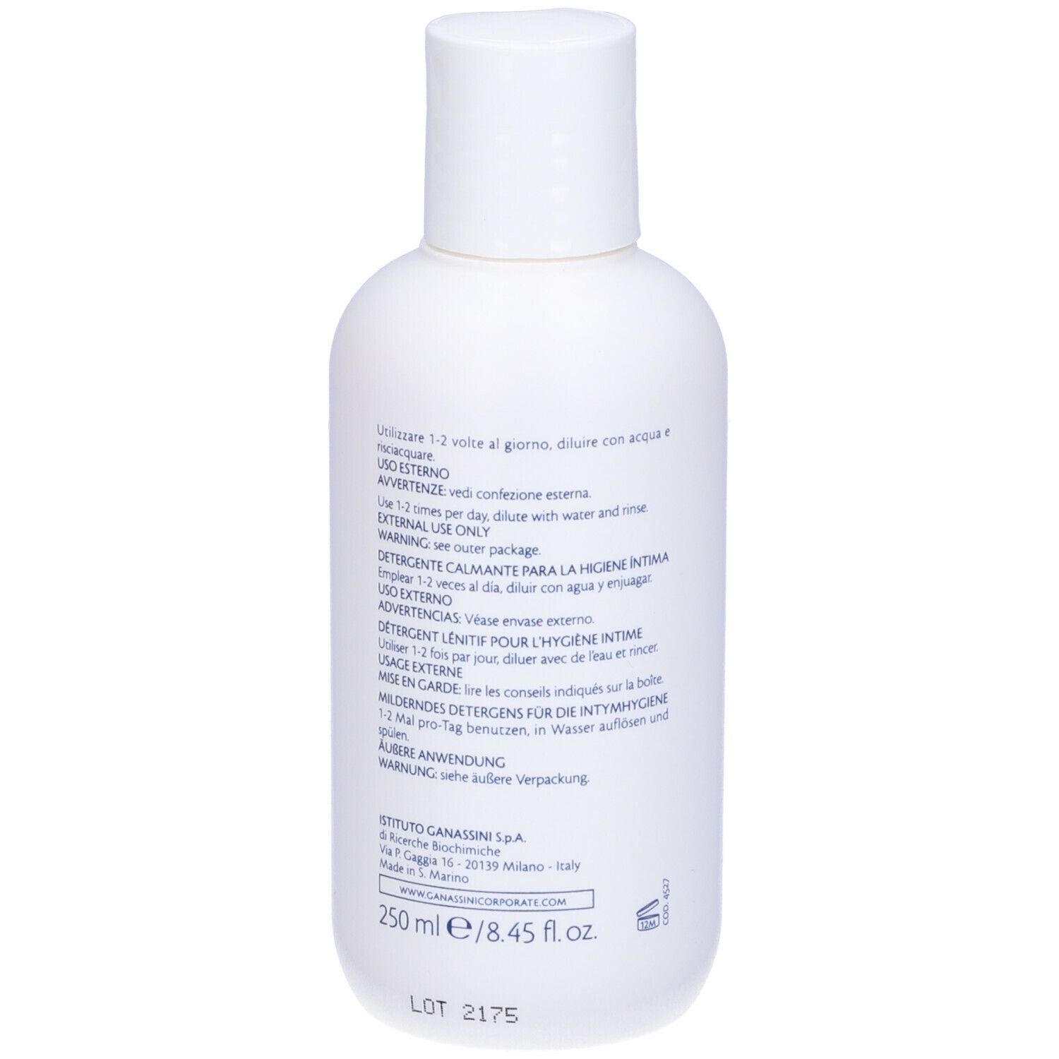 Flacon blanc, vue arrière. Inscriptions en italien et anglais. Nom du produit : Alkagin. 250 ml.