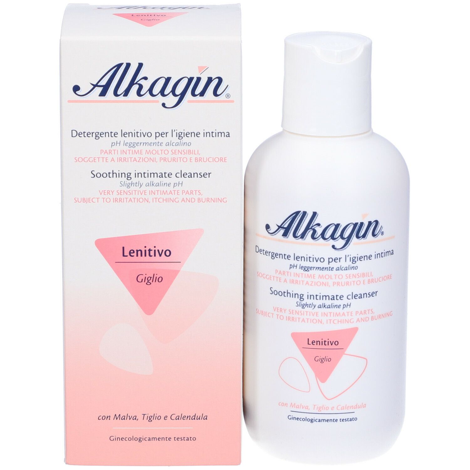 Flacon et boîte Alkagin. Inscriptions en italien et anglais. Nettoyant intime apaisant pour zones sensibles.