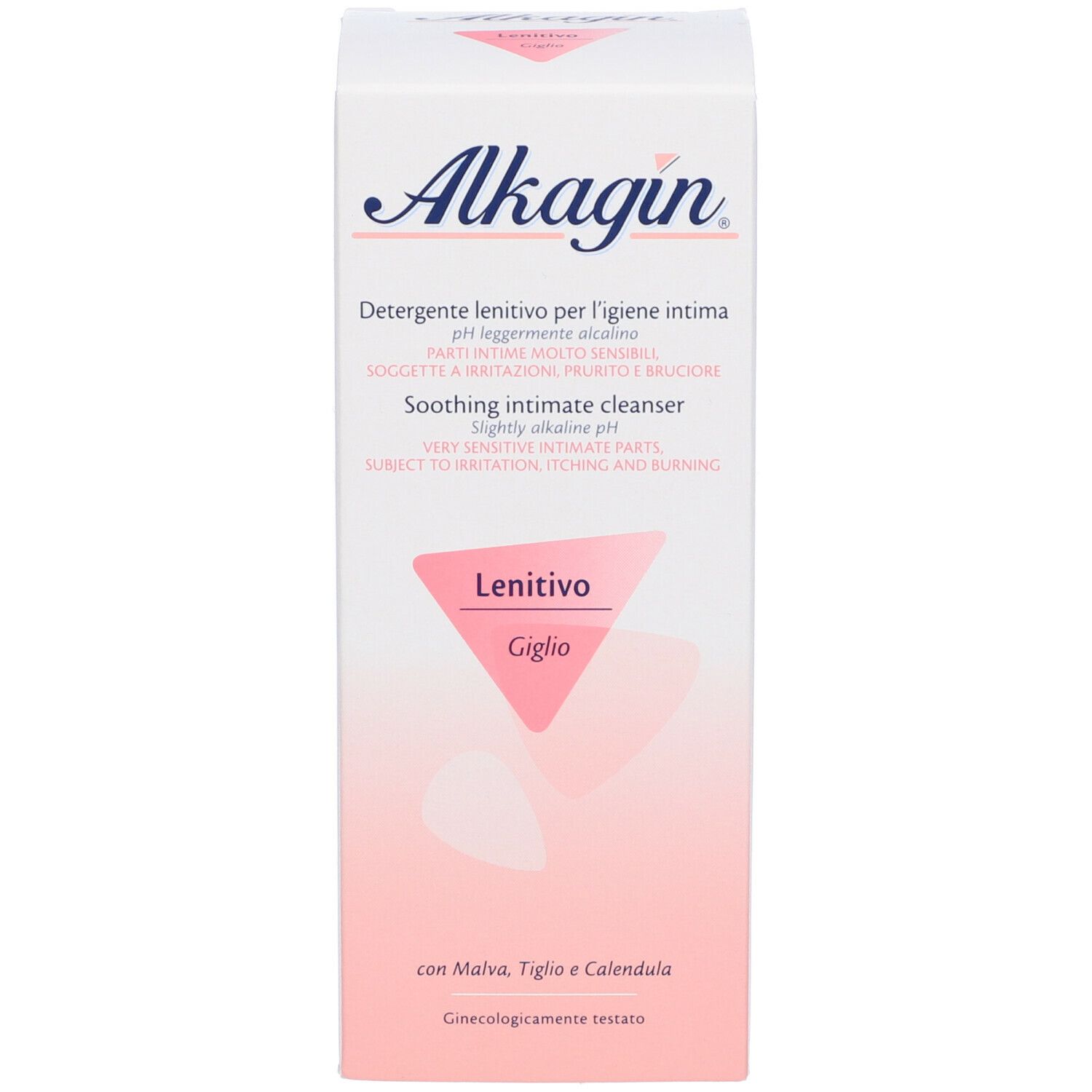 Boîte Alkagin. Inscriptions en italien et anglais. Nettoyant intime apaisant pour zones sensibles.