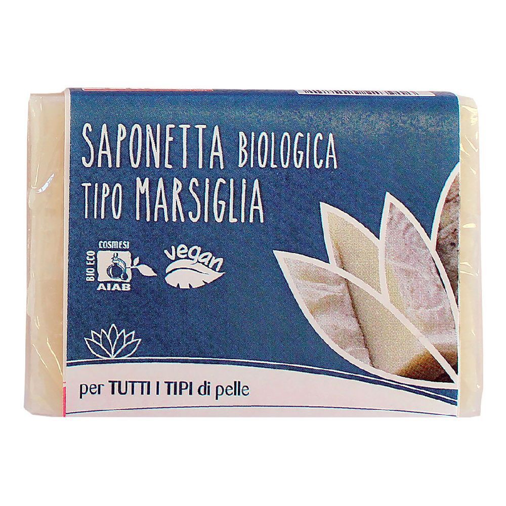 Savon emballé. Emballage bleu avec texte: Saponetta Biologica Tipo Marsiglia, logo vegan, certification AIAB, texte: per tutti i tipi di pelle.