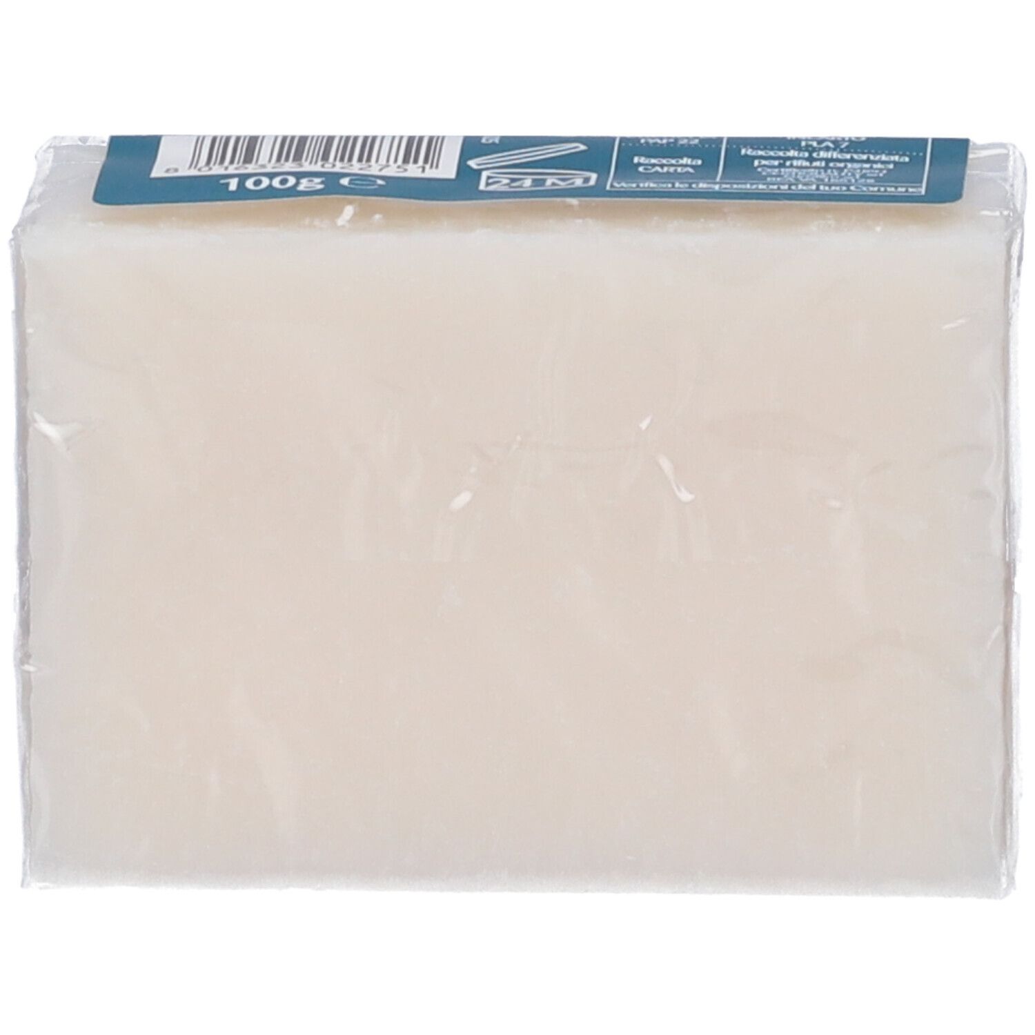 Rechteckiger weißer Block in transparenter Verpackung, 100g.