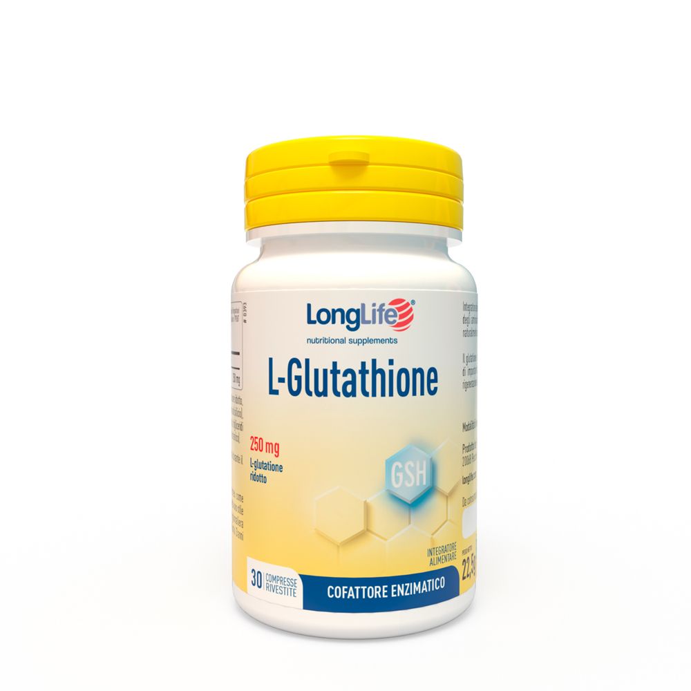 Weißes Nahrungsergänzungsmittel-Fläschchen mit gelbem Deckel. Aufschrift: L-Glutathion 250 mg, 30 Tabletten.
