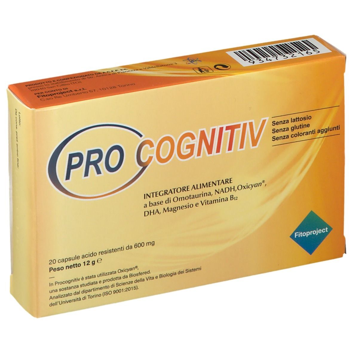 Pro Cognitiv-Verpackung, schräg gestellt. Orangefarbene Schachtel mit Produktnamen und Inhaltsangaben. 20 Kapseln.