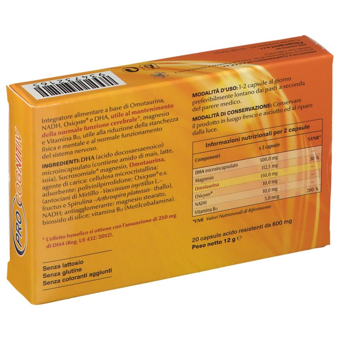 Rückseite der Pro Cognitiv-Verpackung. Enthält Nährwertangaben und Inhaltsstoffe. 20 Kapseln.