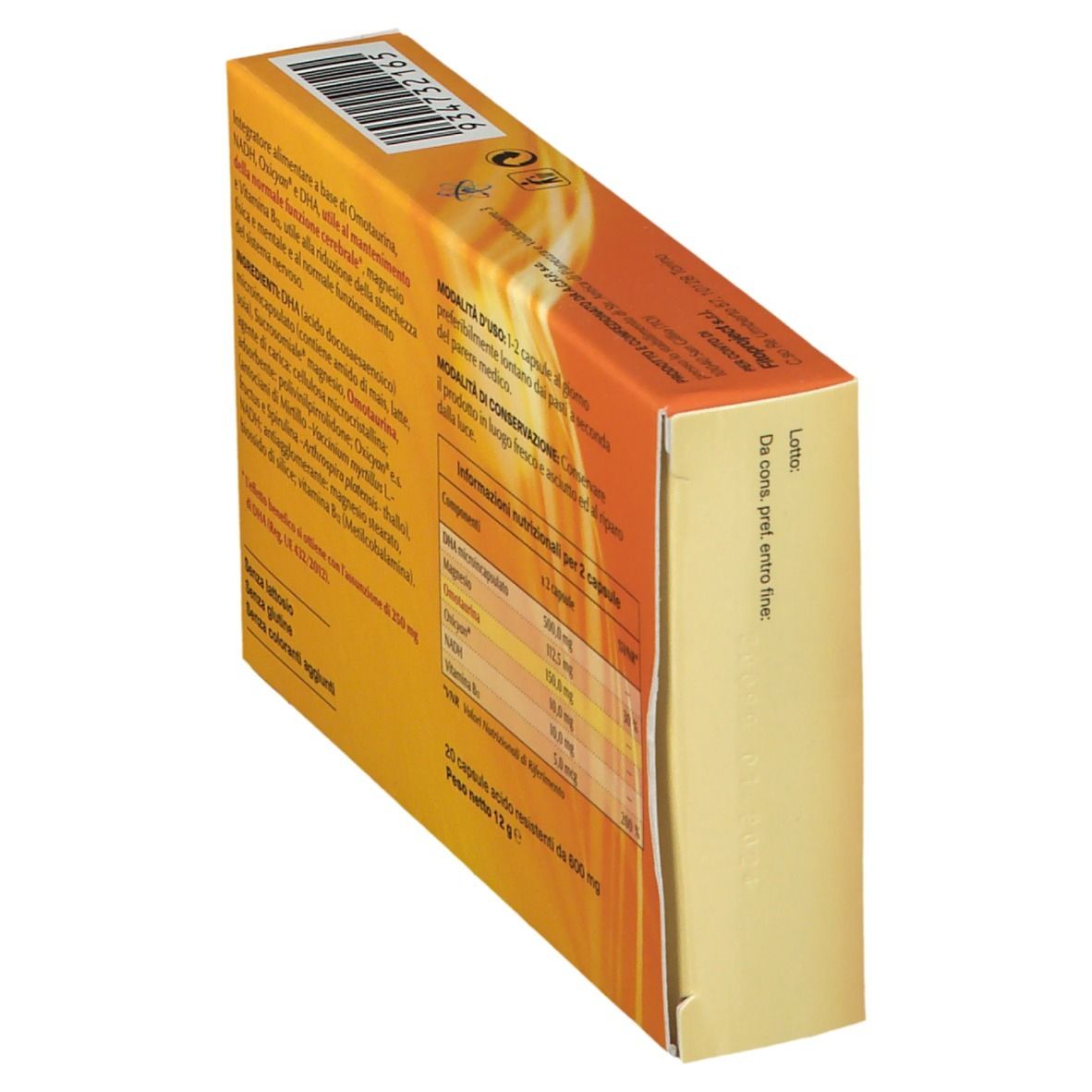 Pro Cognitiv-Verpackung, schräg gestellt. Rückseite mit Nährwertangaben und Inhaltsstoffen. 20 Kapseln.