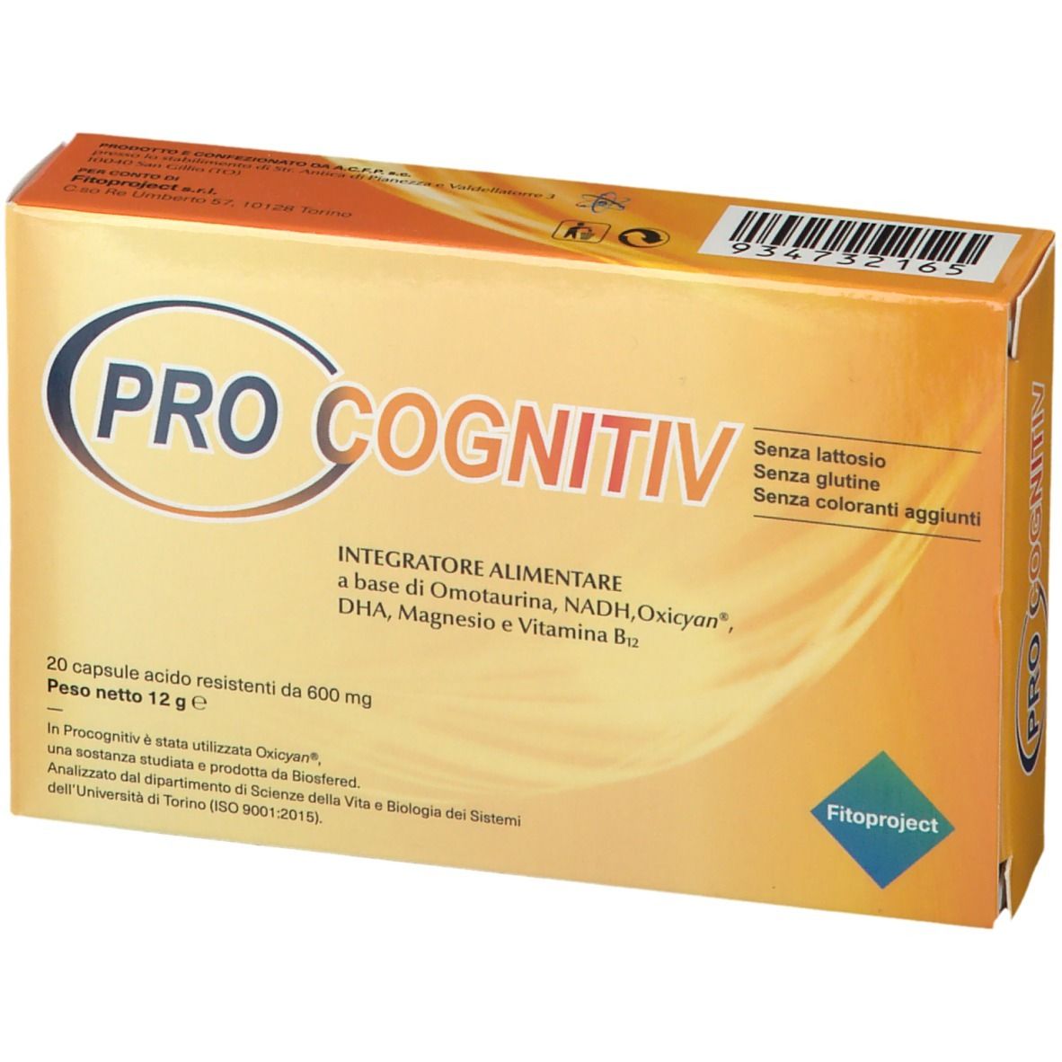 Pro Cognitiv-Verpackung. Orangefarbene Schachtel mit Produktnamen und Inhaltsangaben. 20 Kapseln.