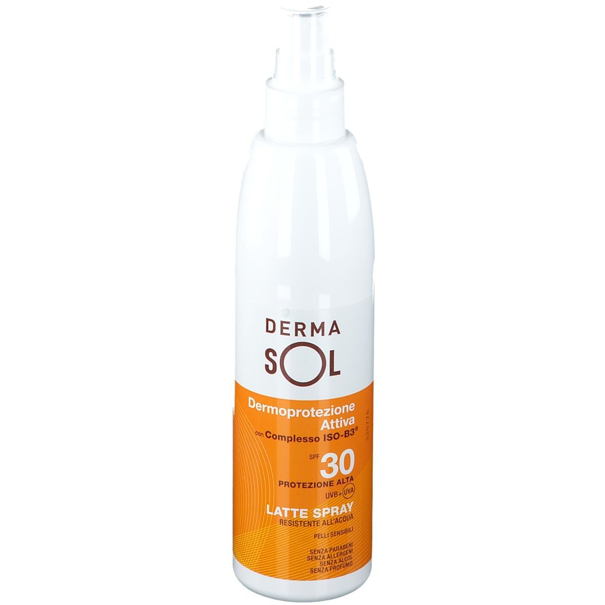 Flacon blanc avec vaporisateur. Étiquette avec texte: Dermasol, SPF 30, Latte Spray. Fond orange.