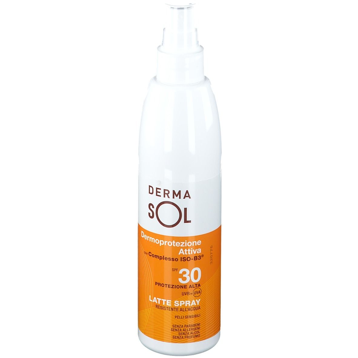 Flacon blanc avec vaporisateur. Étiquette avec texte: Dermasol, SPF 30, Latte Spray. Fond orange.