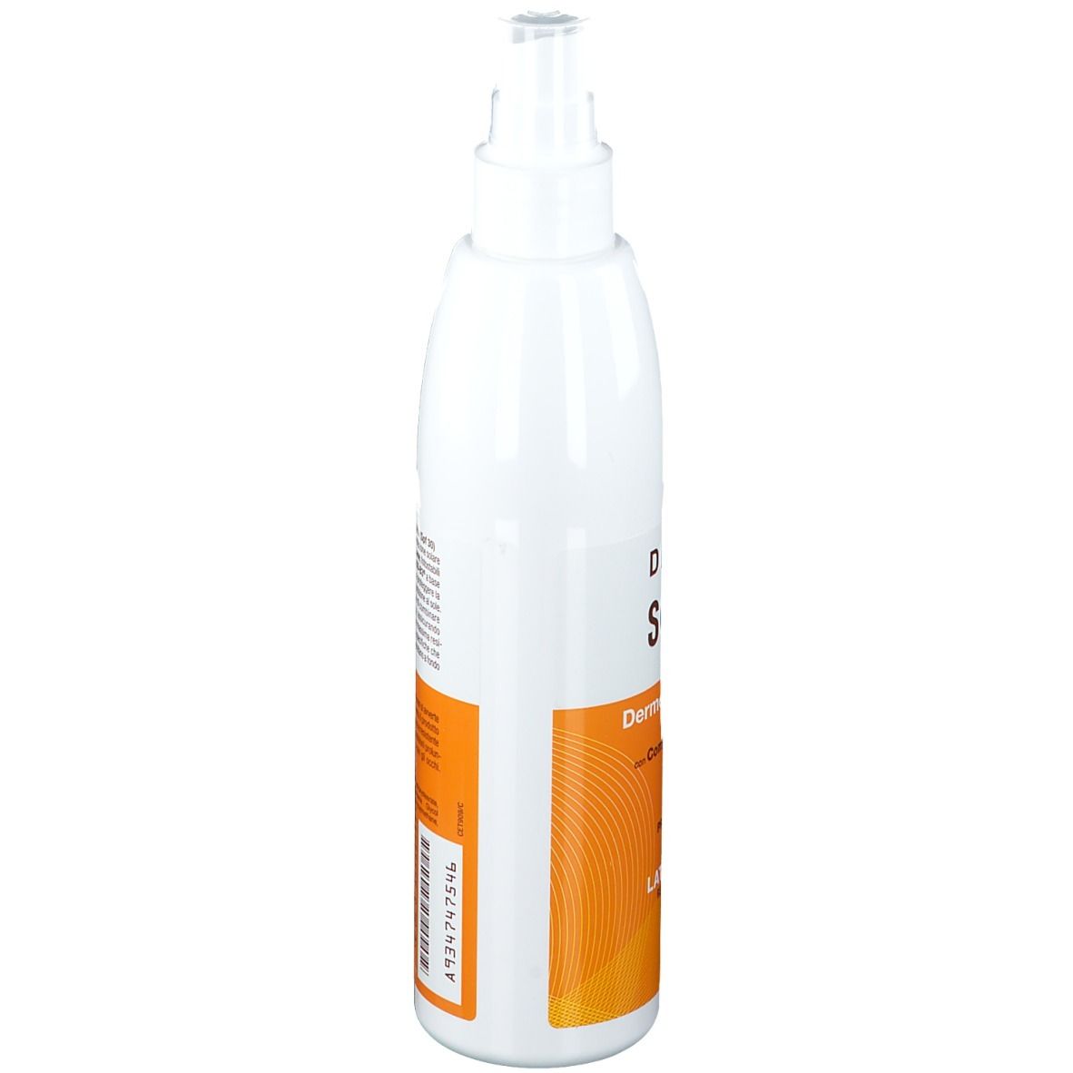Flacon blanc avec vaporisateur. Étiquette avec texte et informations. Fond orange.