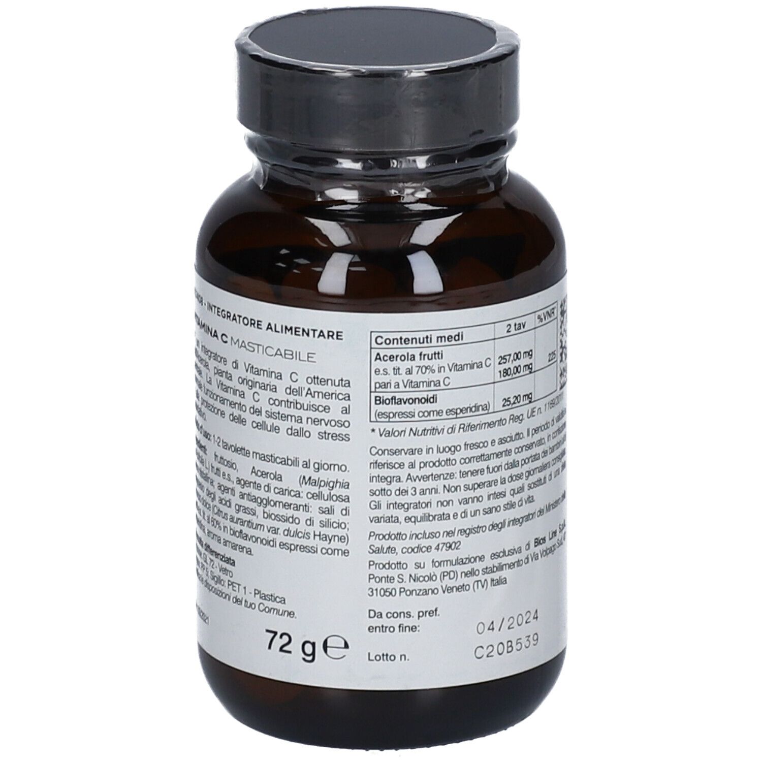 Flacon brun, bouchon noir. Étiquette: VITAMINA C MASTICABILE, informations nutritionnelles, 72g. Vue du produit.