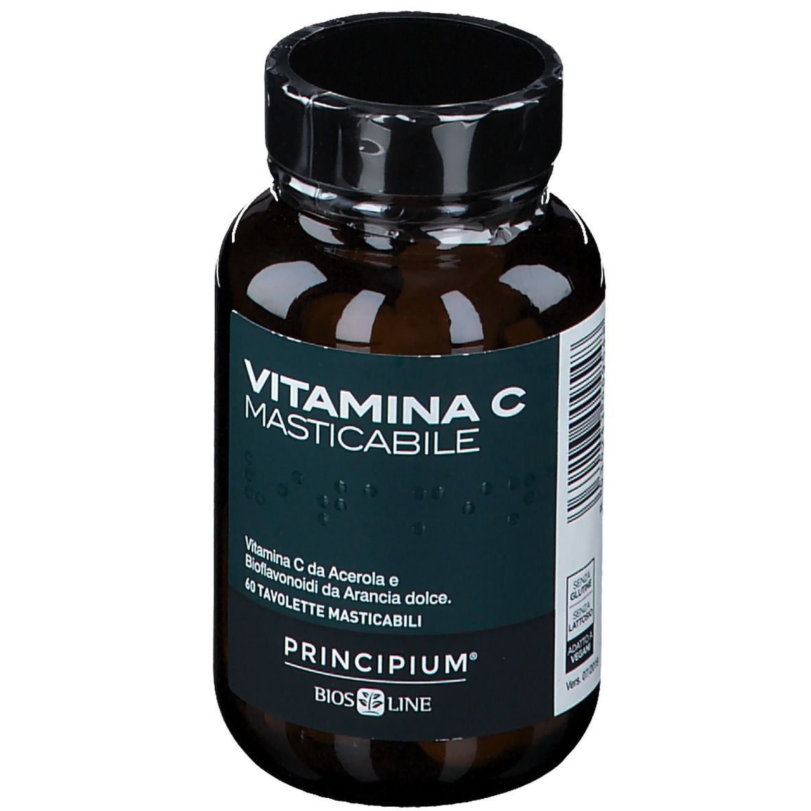 Flacon en verre brun avec bouchon noir. Étiquette: VITAMINA C MASTICABILE, PRINCIPIUM. 40 comprimés. Vue du produit.