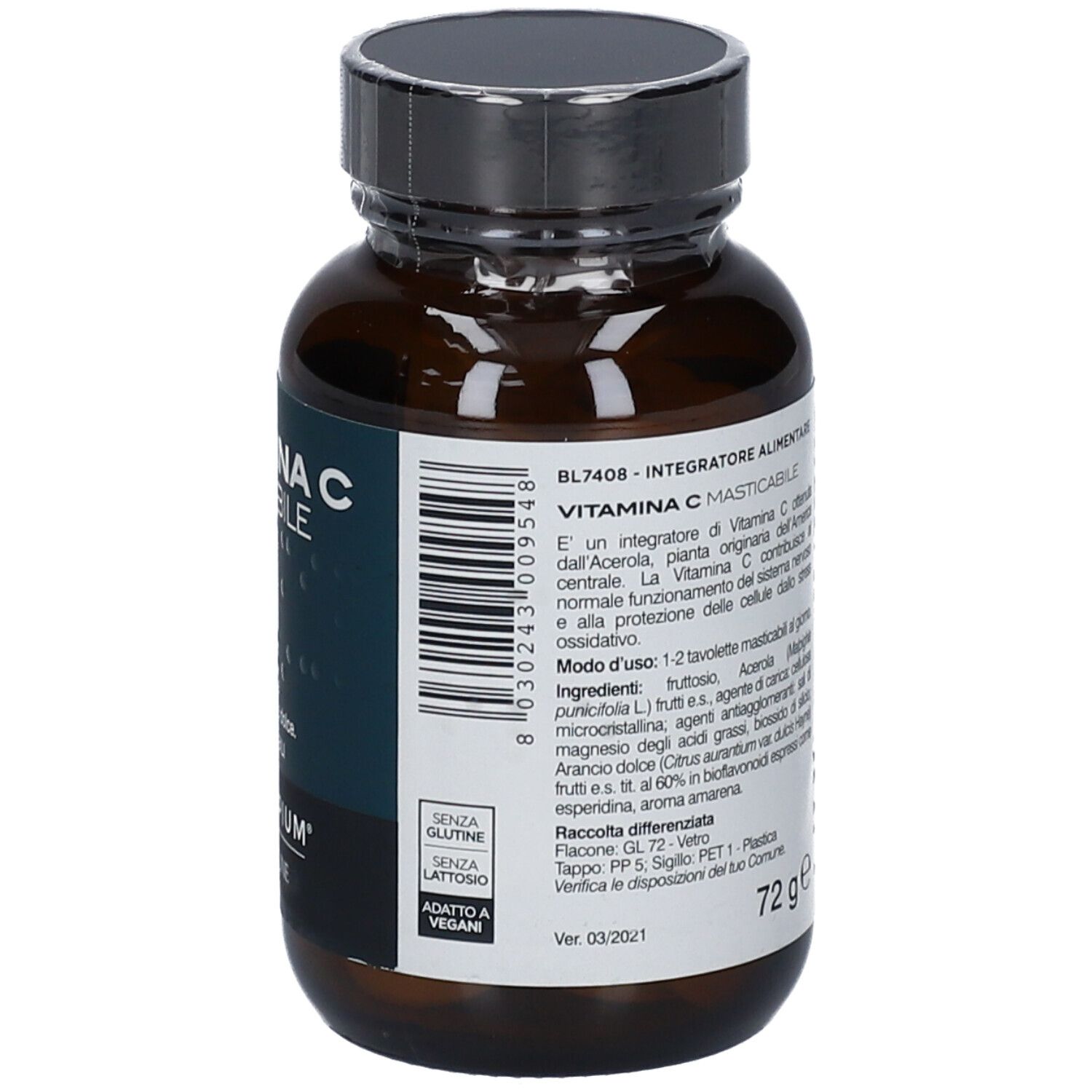 Flacon brun, bouchon noir. Étiquette: VITAMINA C MASTICABILE, 72g. Label Vegan. Vue du produit.