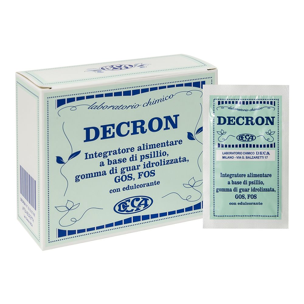 Weiße Schachtel und Beutel mit Produktnamen und Inhaltsstoffen. Marke: Decron.