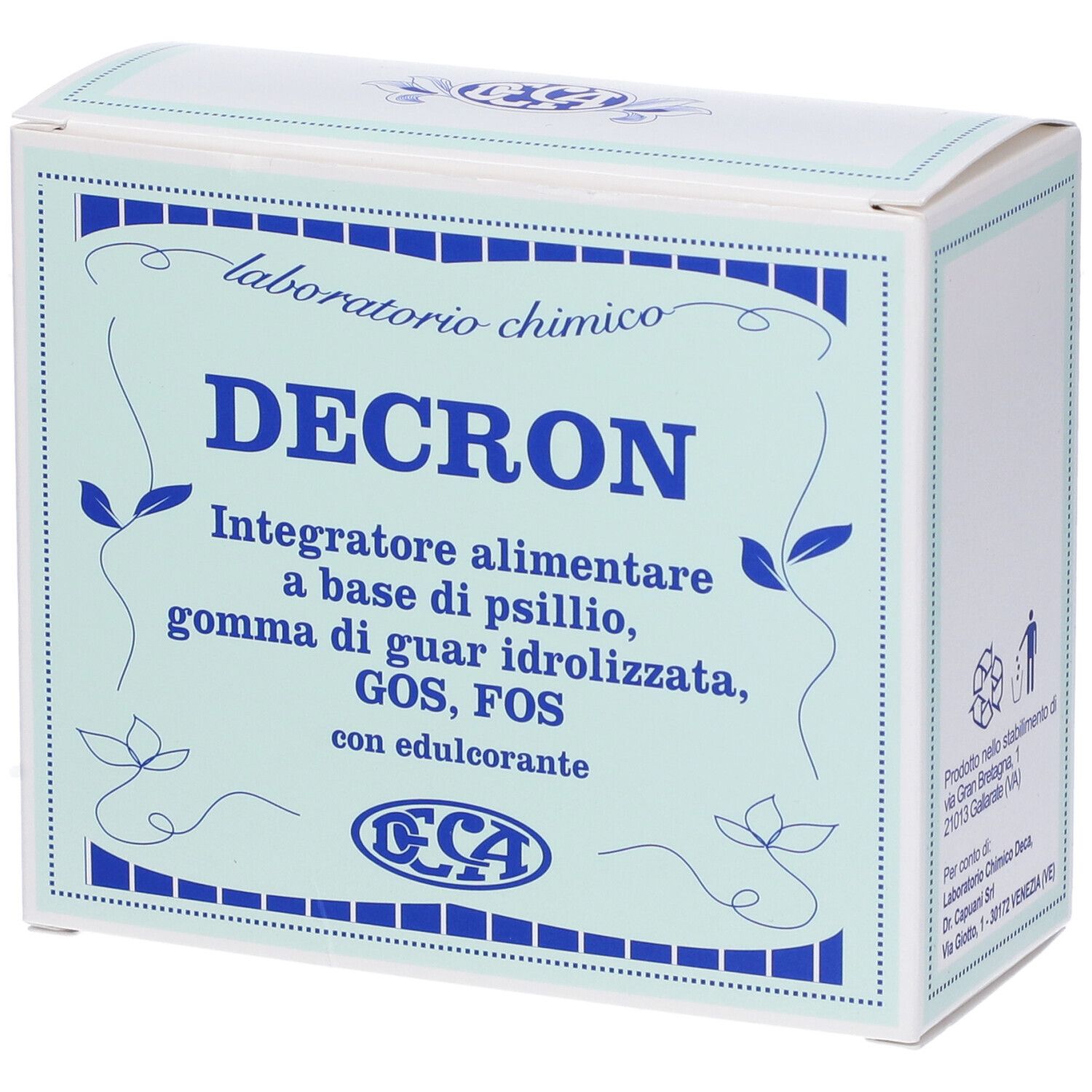 Weiße Schachtel mit blauem Rahmen und Produktnamen. Marke: Decron.