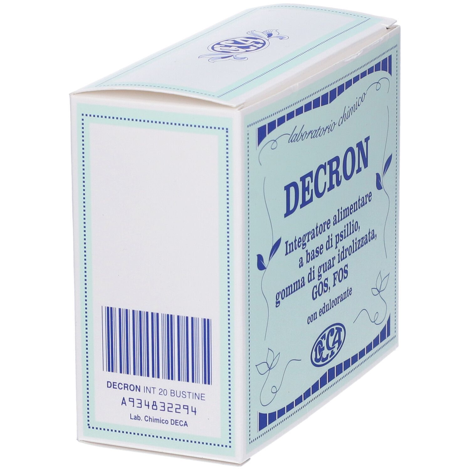 Weiße Schachtel mit Barcode und Produktinformationen. Marke: Decron.