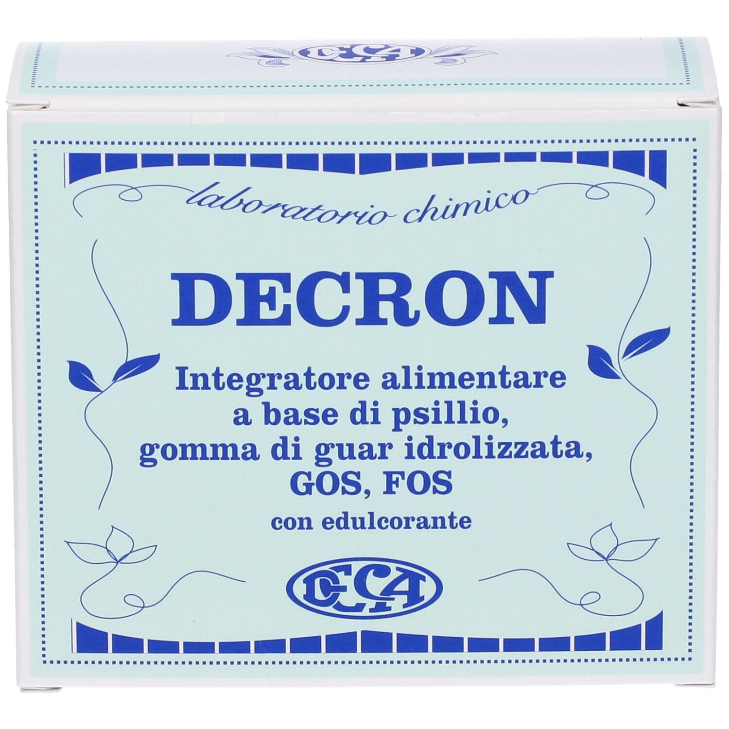 Weiße Schachtel mit blauem Rahmen und Produktnamen. Marke: Decron.