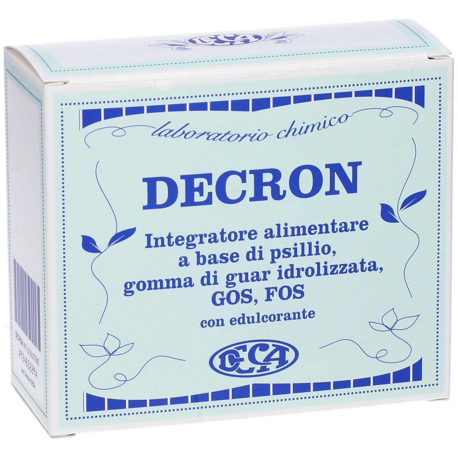 Weiße Schachtel mit blauem Rahmen und Produktnamen. Marke: Decron.