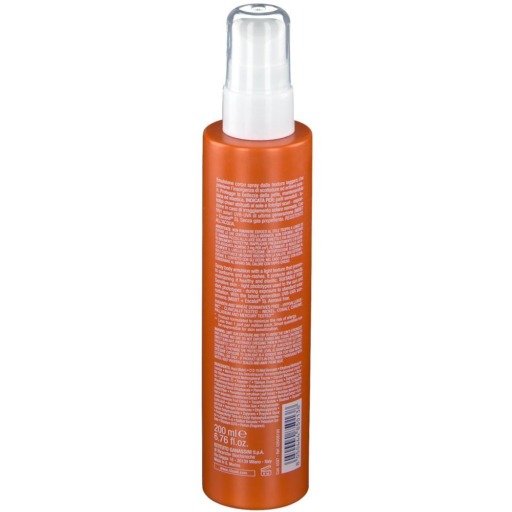 Vue arrière d'un flacon spray orange avec tête blanche. Texte et informations produit sur l'étiquette.