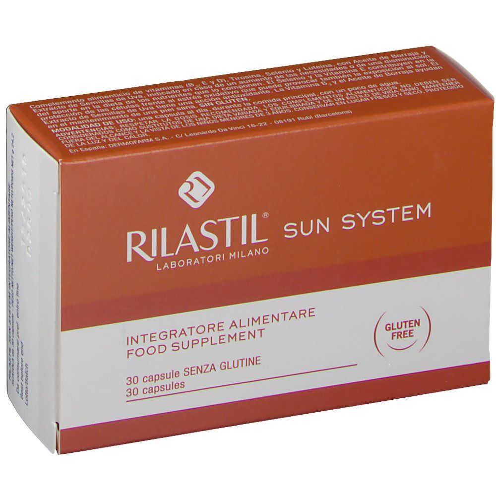 Braune Schachtel mit Rilastil Sun System Aufschrift. Enthält 30 Kapseln, glutenfrei.