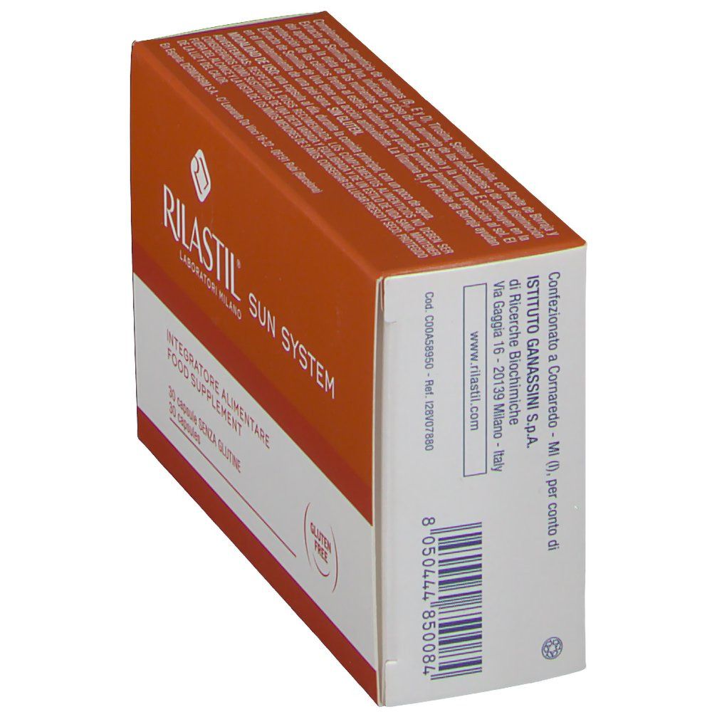Schachtel mit Rilastil Sun System, braun und weiß. Text: 30 capsule senza glutine.