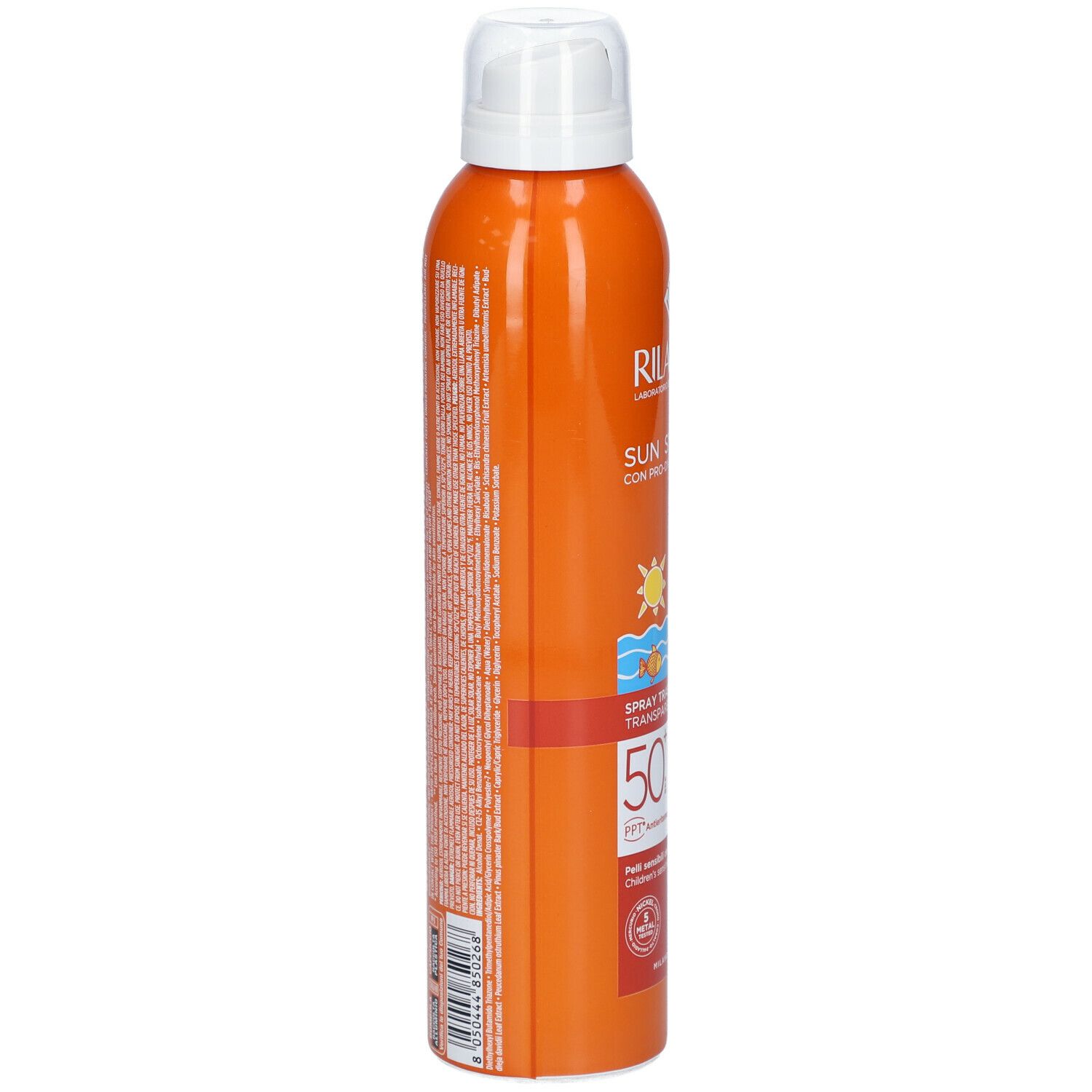 Flacon spray orange avec tête blanche. Vue latérale avec texte. Inscription: RILASTIL Sun System. Résistant à l'eau. Pour peaux sensibles.