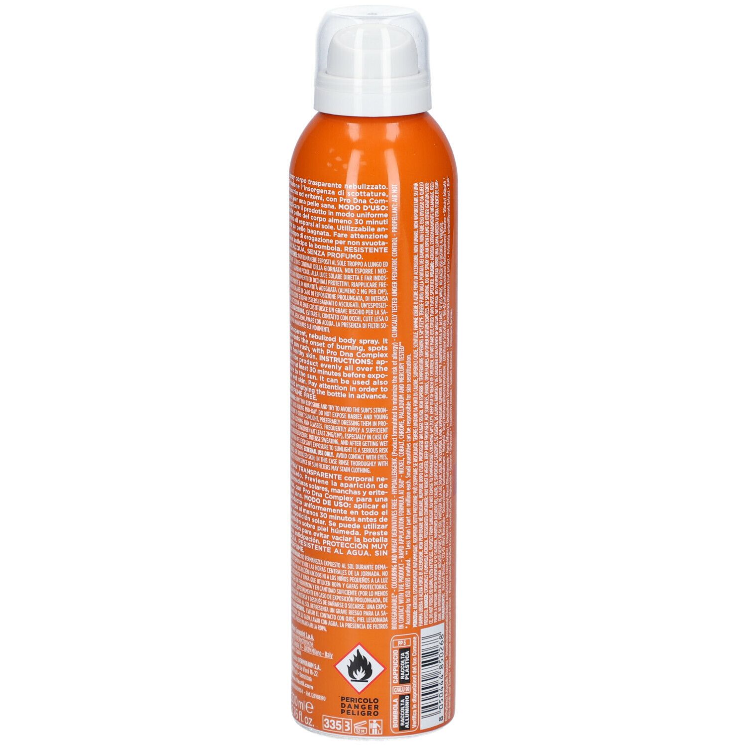 Flacon spray orange avec tête blanche. Dos avec texte. Inscription: RILASTIL Sun System. Avertissements. Symbole de recyclage.