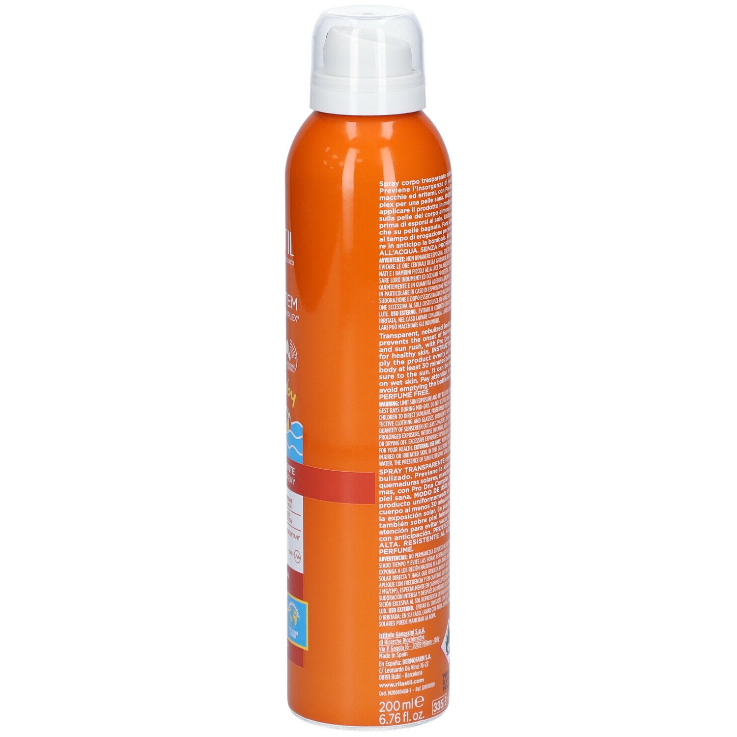 Flacon spray orange avec tête blanche. Vue latérale avec texte. Inscription: RILASTIL Sun System. Volume: 200 ml. Résistant à l'eau.