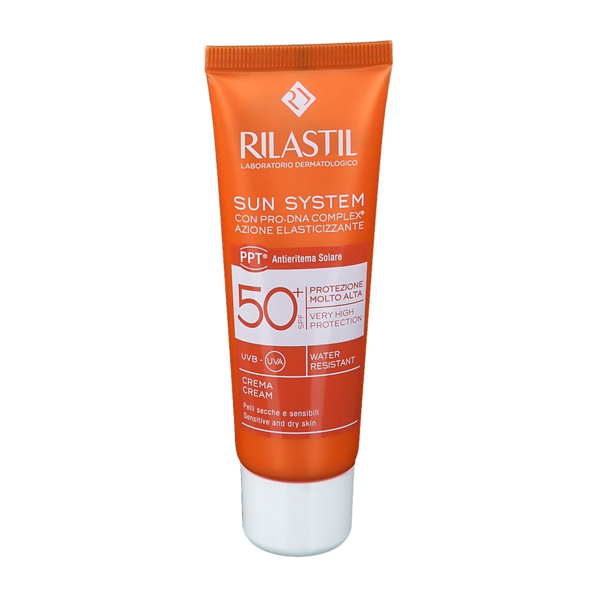 Tube orange avec bouchon blanc. Inscription: RILASTIL Sun System SPF 50+ Crème. PPT Antieritema Solare. Résistant à l'eau.