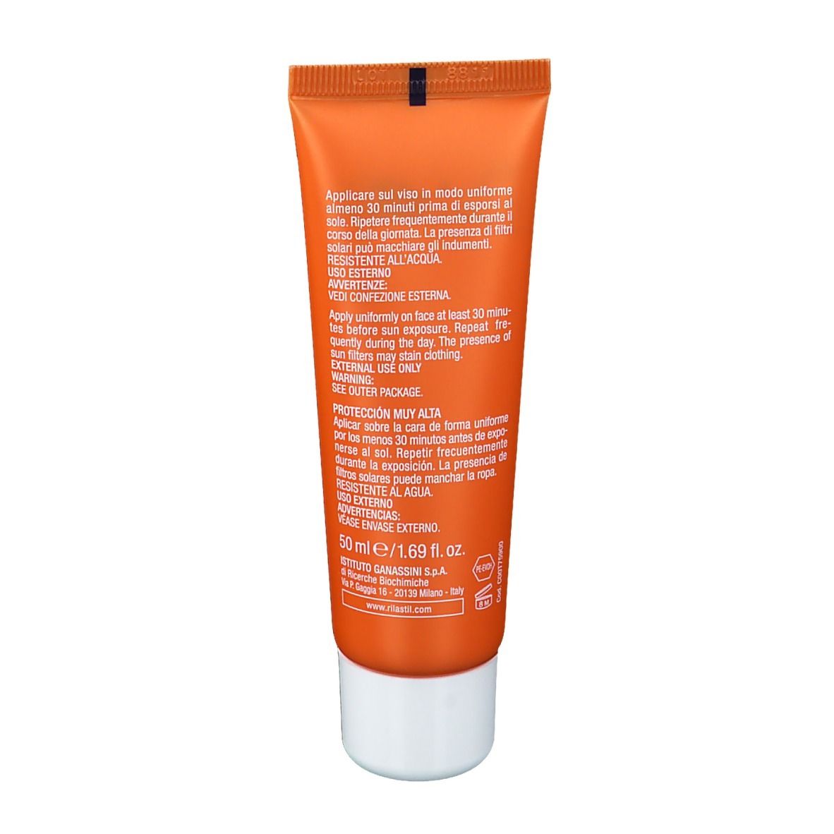 Dos d'un tube orange. Texte en italien. Contient des instructions d'utilisation et des avertissements.