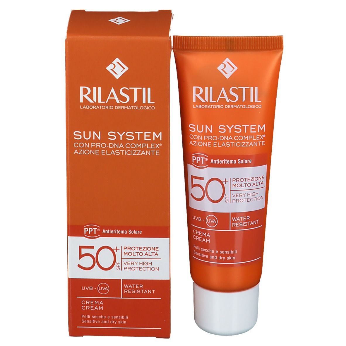 Emballage et tube orange. Inscription: RILASTIL Sun System SPF 50+ Crème. PPT Antieritema Solare. Résistant à l'eau. 50.
