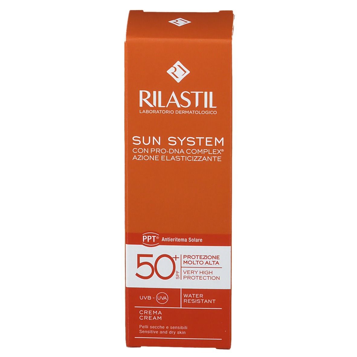 Emballage orange. Inscription: RILASTIL Sun System SPF 50+ Crème. PPT Antieritema Solare. Résistant à l'eau. 50.