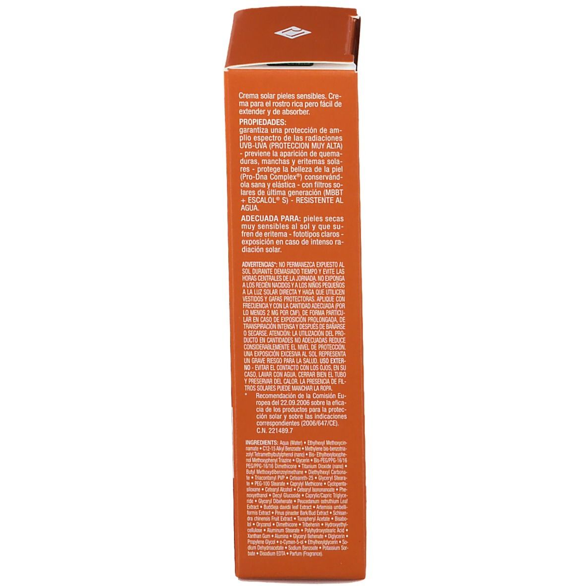 Côté de l'emballage orange. Texte en italien. Contient des informations sur le produit et des avertissements.