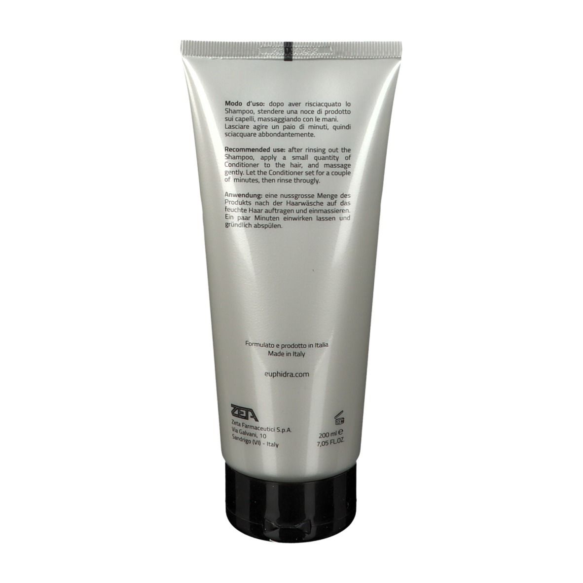 Rückseite der EuPhidra Pflegespülung-Tube. Text in mehreren Sprachen. Hergestellt in Italien. Marke und Website.