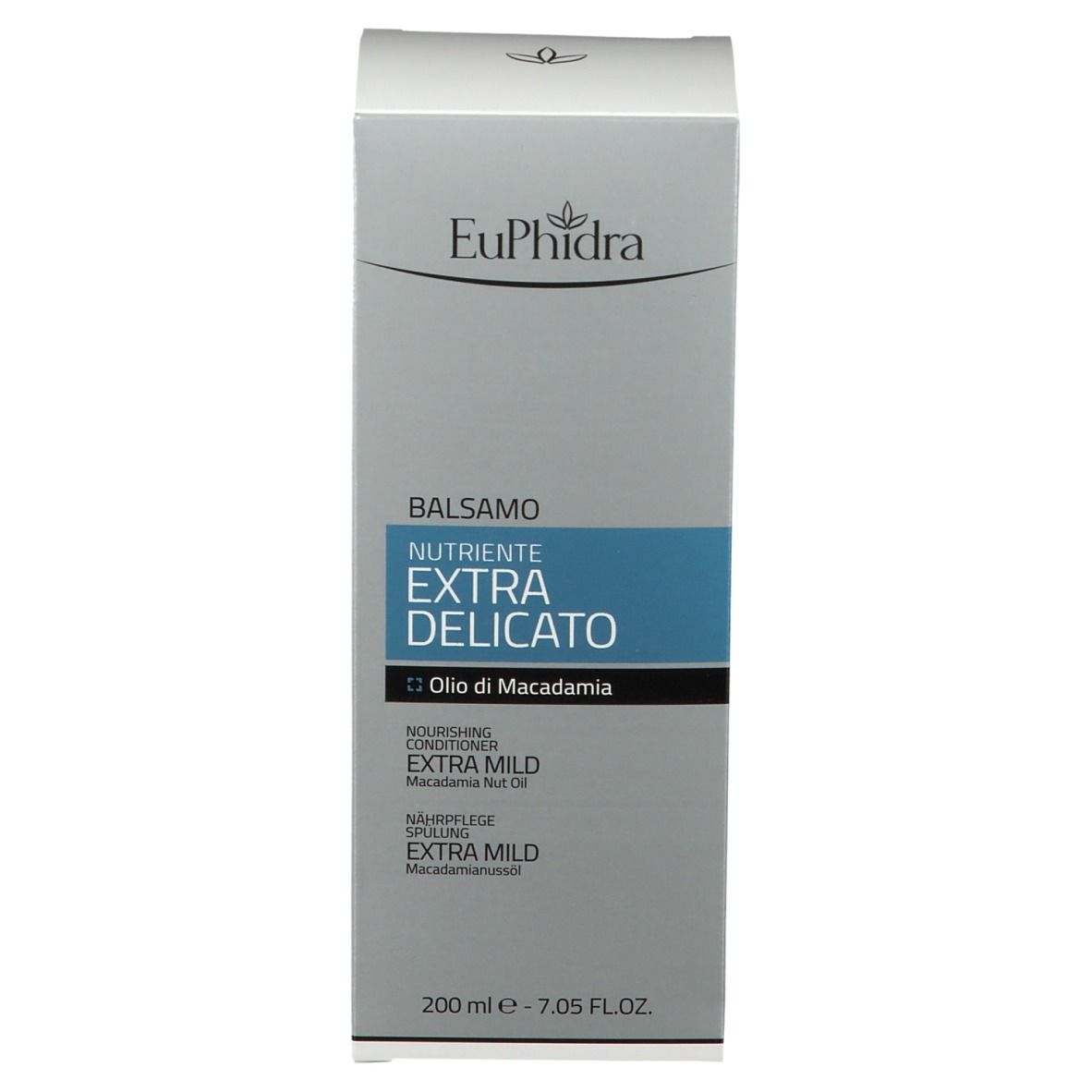 EuPhidra Pflegespülung-Verpackung. Aufschrift: Balsamo Nutriente Extra Delicato, Olio di Macadamia. 200 ml - 7.05 FL.OZ.