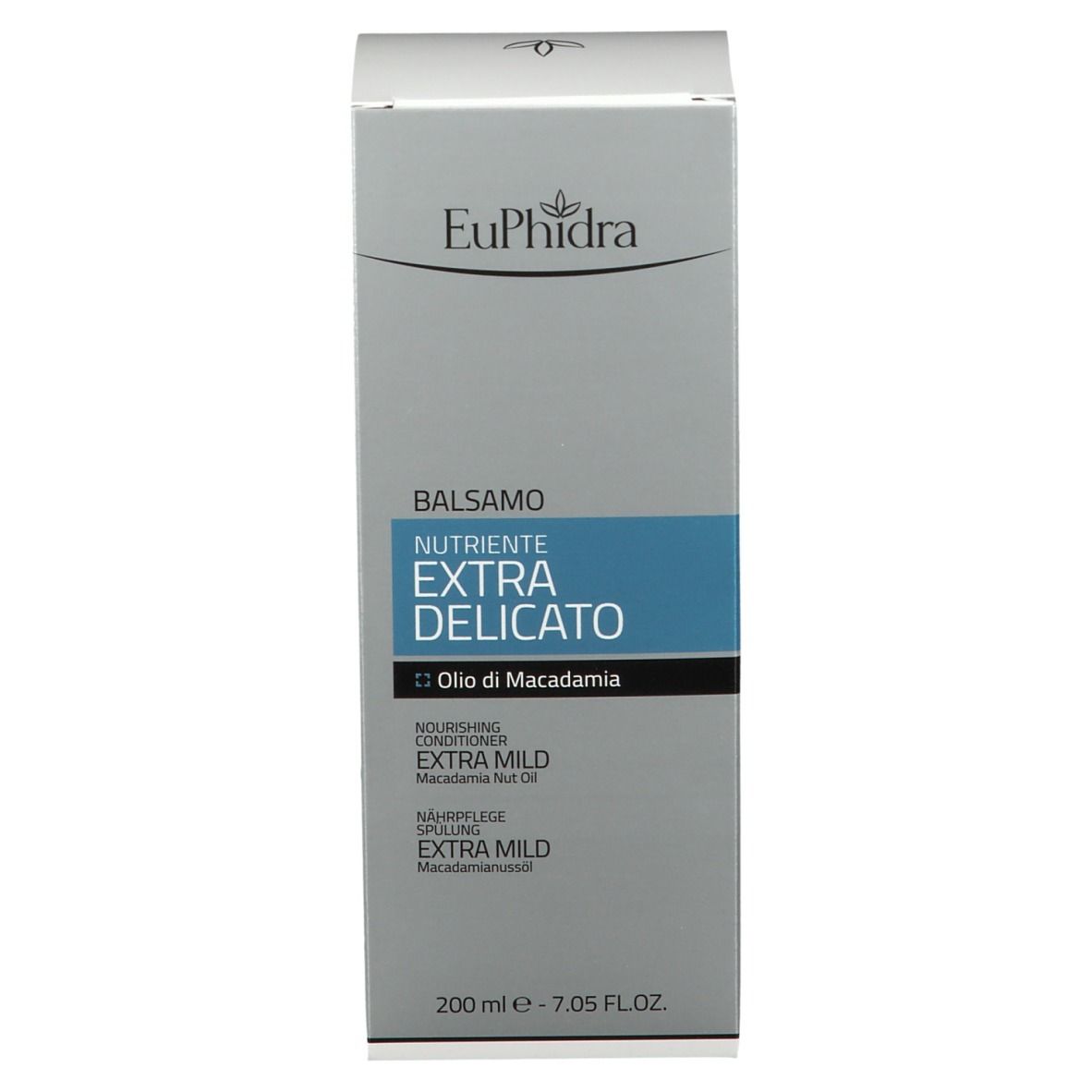EuPhidra Pflegespülung-Verpackung. Aufschrift: Balsamo Nutriente Extra Delicato, Olio di Macadamia. 200 ml - 7.05 FL.OZ.
